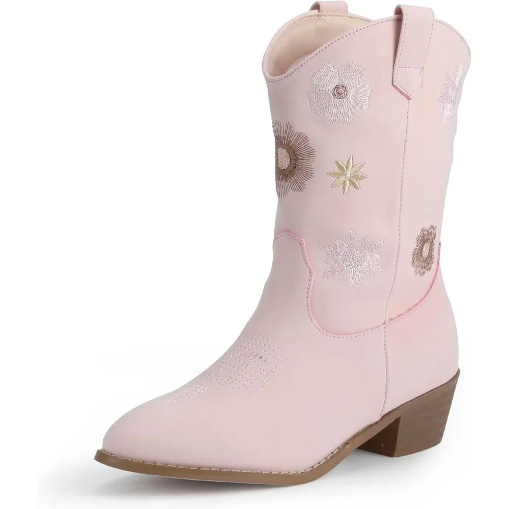 🆕Girls Pink Polyurethane Cowboy Floral Embroidered Western Cowgirl Boots